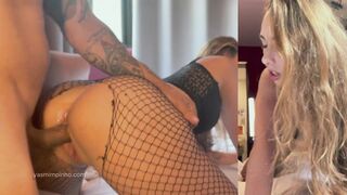 Blonde girlfriend gives her ass as a gift and asks for milk in her mouth